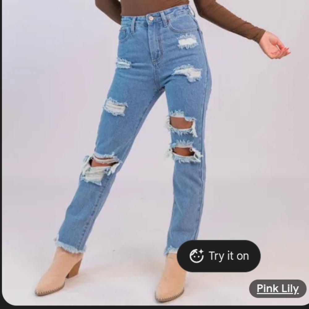 Pink Lily Distressed Straight Leg Mom Jeans - Blue